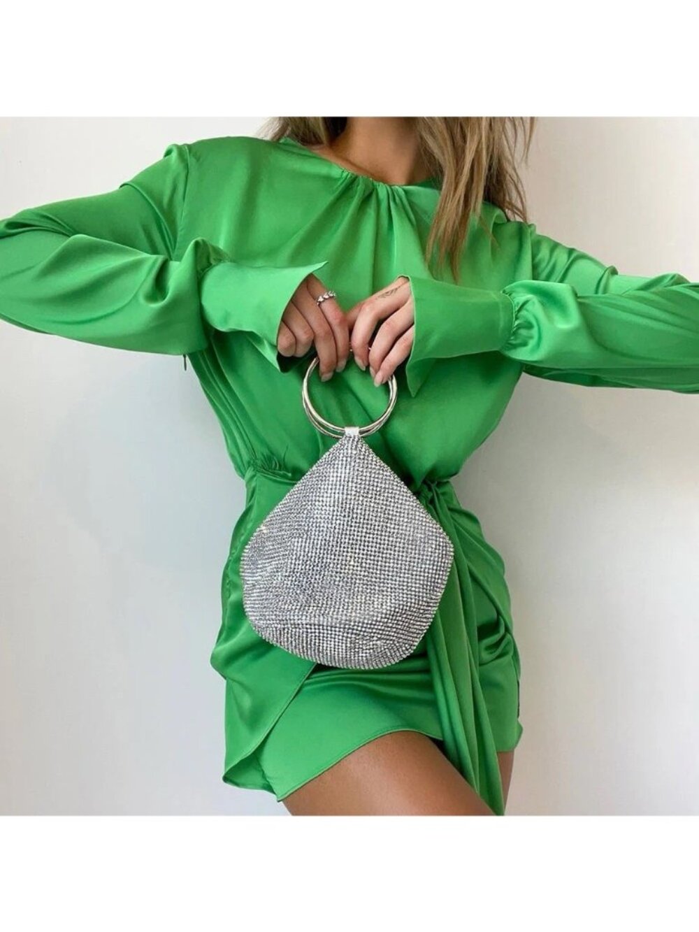 olga berg Ellie Crystal Mesh Ring Handle Bag in Silver